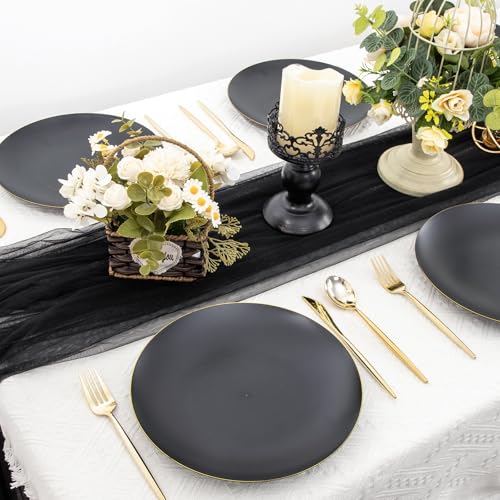 EI enjonirinjonir 80pcs Black and Gold Dinner Plates Disposable 10.25inch,Plastic Party Plates with Gold Rim,Black Plastic Matte plate Frosted Disposable Heavy Duty,Elegant for Wedding/Tea Party - color: Black and Gold Frosted Plastic Dinner Plates