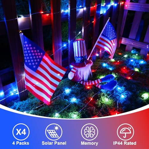 QITONG 4 Pack 4th of July Solar Fairy Lights Outdoor Waterproof, Each 33ft 100 LED Red White and Blue Pariotic Lights, 8 Modes Copper Wire Christmas String Lights for Memoria Indepedence Party Decor - color: Red White and Blue, size: 4Pack*100LED