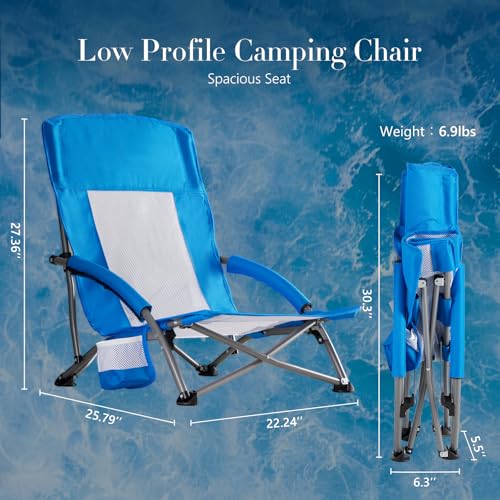 DUMOS Low Camping Beach Chair, Lightweight Folding Portable Chair with Breeze Mesh Back, Padded Armrests, Cup Holder & Storage Pocket, Low Profile Lawn Chair for Camping, Picnic, Sand, Light Blue - color: Light Blue, size: 25.79*22.24*27.36inch