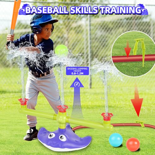 2-in-1 Water Sprinkler Baseball Toy Set for Kids, Summer Outdoor Water Game with 2 Sprinkler Heads, 360° Rotating Sprinkler for Backyard Summer Fun