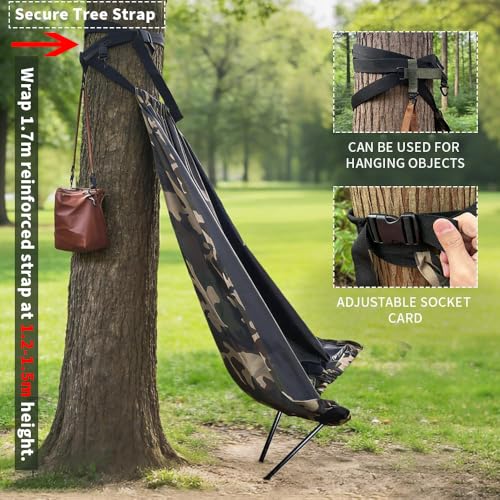 Ultralight Low Down Hunting Tree Seat - Portable Tree Hammock Chair for Deer Hunting - 330lbs Capacity Silent Suspension Seat - Includes 2 Aluminum Poles & Camo Carry Bag (2 lbs)