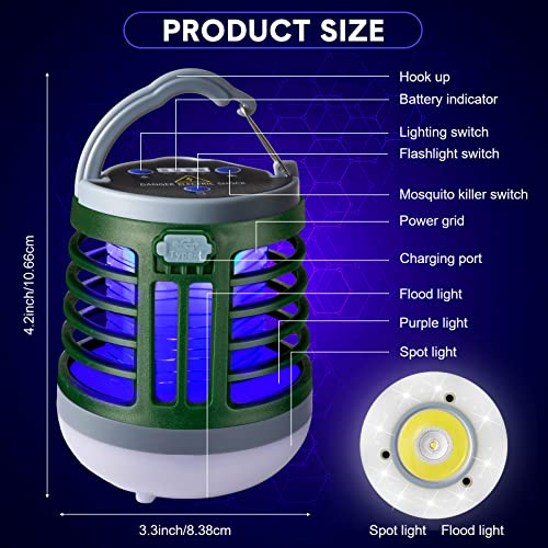 2 Pack 3 in 1 Bug Zapper USB Rechargeable Mosquito Killer Portable Waterproof Mosquito Repellent Outdoor Indoor LED Lantern Bug Zapper Camp Light SOS Emergency Light for Home, Backyard, Patio (Green) - color: Green