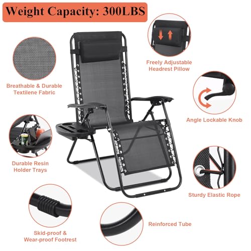 Zero Gravity Chairs Set of 2 with Pillow and Cup Holder Tray, Portable Recliner Beach Camping Patio Outdoor Folding Lounge Chair for Poolside, Lawn, Garden, Backyard, Black - size: 2-pack