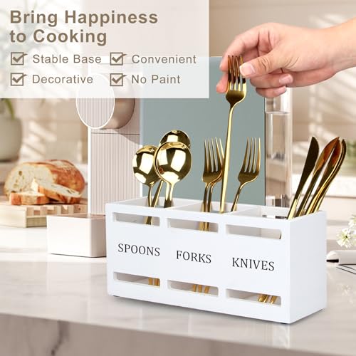 Wooden Silverware Cutlery Holder White Flatware Caddy Small Kitchen Utensil Holders for Party Wood Silverware Organizer Storage for Table Countertop Spoon and Fork Holder Utensils Caddy Basket - color: White