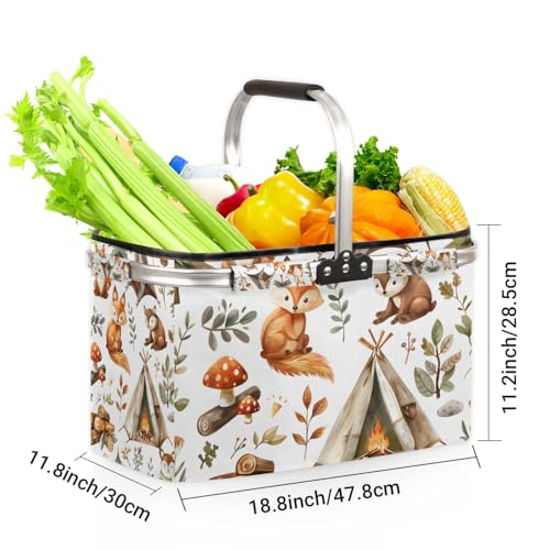 Picnic Basket, MARYHFENVA Shopping Basket with Handle 40L Collapsible Grocery Basket Portable Folding Basket for Marketing Picnic Reusable Laundry Basket for Travel - color: Foxes