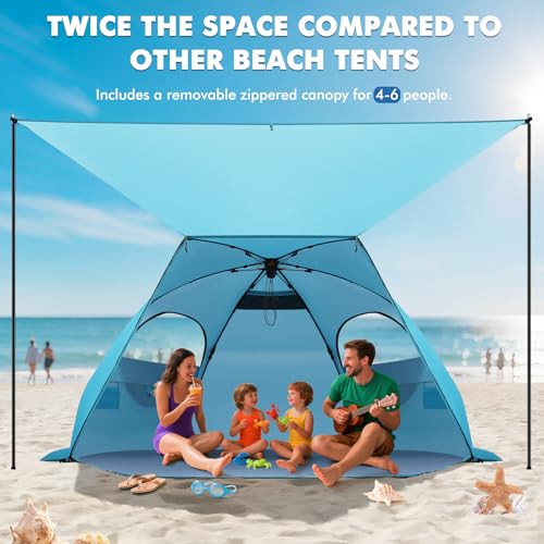 Elegear CumbreX™ Beach Tent with Canopy 4-6 Person, 1-Second Umbrella-Style Setup Pop Up Sun Shelter Shade, UPF 50+ UV Protection Four-Layer Silver-Coated Lightweight Portable Beach Cabana - Aqua Blue - color: Aqua Blue