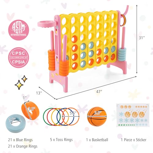 Costzon Giant 4-in-A-Row, Jumbo 4-to-Score Giant Game w/Basketball Hoop, Ring Toss, Quick-Release Slider, 42 Jumbo Rings, Indoor Outdoor Family Connect Game for Kids & Adults, Backyard Games - color: Yellow/Pink
