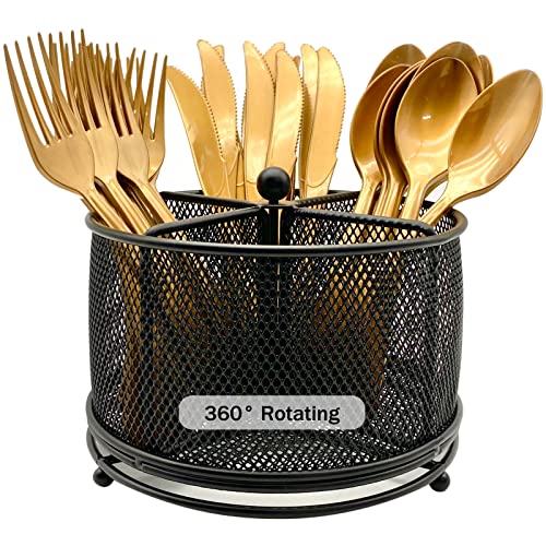 DysanVica 360° Rotating Metal Utensil Caddy - 4 Compartment Silverware Cutlery Holder Rotation Fork Spoon Napkin Organizer Flatware Storage Basket Party Countertop Buffet Picnic Camping Outdoor Black - color: Black