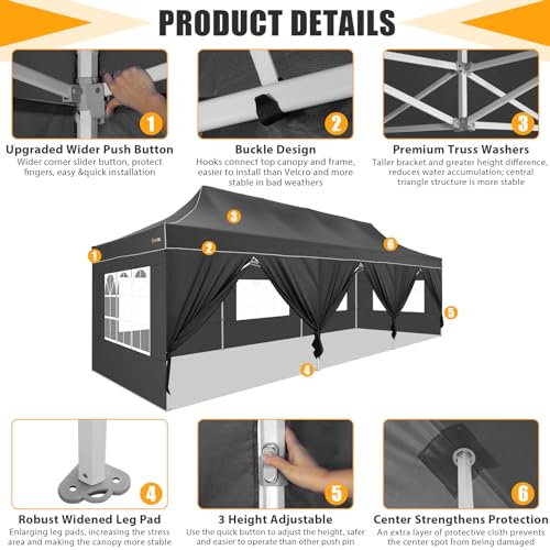 HOTEEL Tents for Parties 10x30 Pop Up Canopy Tent Heavy Duty with 8 Sidewalls, Commercial Party Tent Event Wedding Instant Canopy Waterproof with Carry Bag, UV 50+, Thicked Hexagonal Legs, Black - color: Black, size: 10x30FT (+8 Walls)