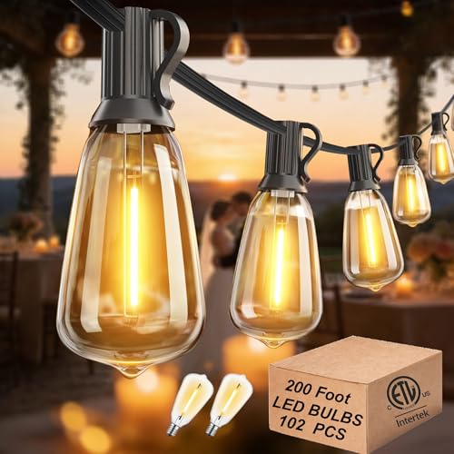 DAMAING Outdoor String Lights 200 FT Waterproof Patio Lights with 102 ST38 Shatterproof LED Bulbs, Dimmable Vintage Edison String Lights for Outside House Backyard Porch Gazebo Party,2-Pack x 100ft - color: Black, size: 200 Feet
