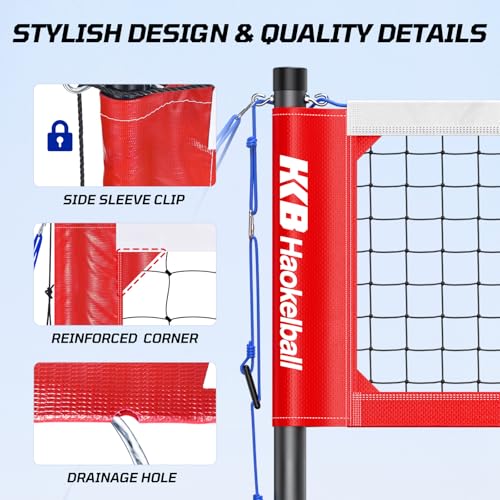 Haokelball Outdoor Volleyball Net Set for Backyard, 32FT Regulation, 3-Level Adjustable Height & Anti-Sag Tension System, Heavy Duty Thick Poles, Includes Volleyball, Pump, Boundary Line and Carry Bag - color: B-Red
