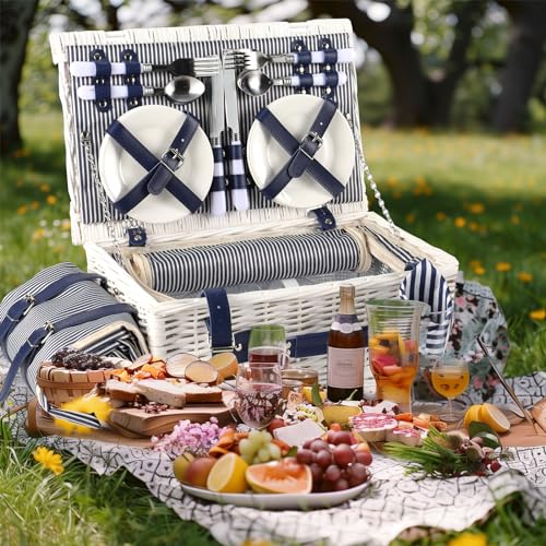 Picnic Basket for 4 Persons with Waterproof Picnic Blanket and Insulated Cooler, Large Wicker Picnic Basket for Camping, Outdoors, Valentine's Day, Christmas, Birthday, Wedding Gift - color: White Basket