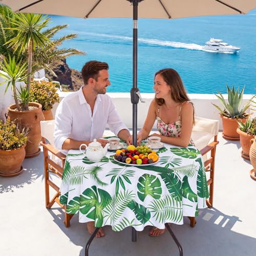 Poise3EHome Round Outdoor Tablecloth with Umbrella Hole and Zipper,Palm Leaf 70 Inch,Polyester SpillProof Washable Table Cloth for Spring Summer Patio Garden Poolside Picnic Camping BBQS - color: Palm Leaf, size: 70" (Round)
