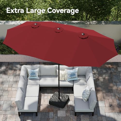 PHI VILLA 15ft Patio Umbrella Double-Sided Outdoor Market Extra Large Umbrella with Crank, Umbrella Base Included (Dark Red) - color: Dark Red