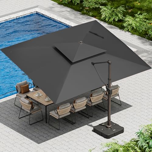 10 X 13 FT Cantilever Patio Umbrella with Led Lights and Base Included Outdoor Heavy Duty Double Top Rectangle Offset Umbrellas with 360-degree Rotation for Pool Deck Backyard, Grey - color: Grey, size: 10' X13'-Weighted Base Included