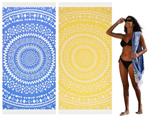Widdonen 2 Pack Turkish Beach Towel Quick Dry Absorbent Cotton Lightweight Thin Bathroom Bath Pool Swim Towels Extra Large Oversized Sand Free Beach Accessories Essentials Stuff Cloud Adults Gift - color: 2 Pack Blue Mandala Yellow Mandala, size: X-large(