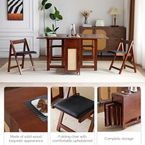 VINGLI 5-Piece Folding Dining Table Set, Extendable Drop Leaf Solid Wood Table with 4 Chairs, Drawers & Wheels, Space-Saving Design for Kitchen, Walnut - color: Walnut