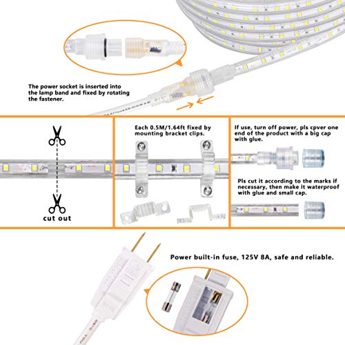 SURNIE 50ft LED Rope Lights Outdoor Waterproof, 110V Flexible Daylight White Bright Lighting Cuttable Connectable, Cool Clear Flat Strip Light 6000K for Outside Deck Patio Camping Decor, Not Tube Rope - color: White, size: 50ft