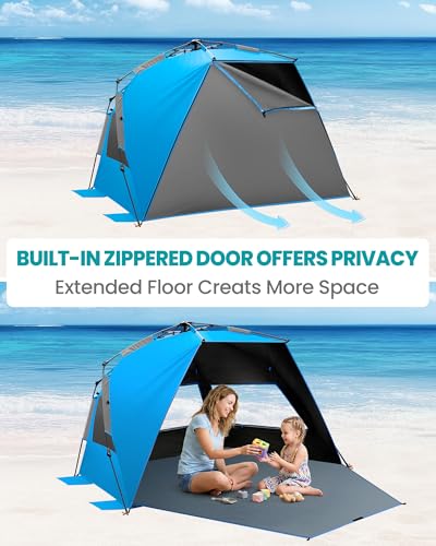 OutdoorMaster Beach Tent with Blackout Shelter Technology, Portable Sun Shade Shelter 4 Person, Pop Up Beach Tents with UPF 50+ UV Protection, 9.5mm Thick Pole, 3 Ventilating Mesh Windows -Blue - color: Blue
