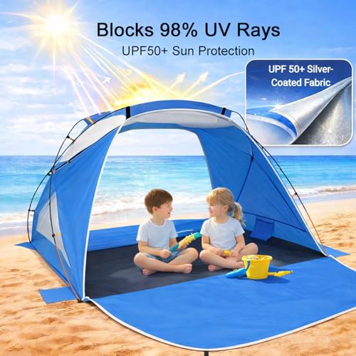 Beach Tent Sun Shelter with UPF 50+ UV Protection, Dual Door Design for Better Ventilation, Easy Setup Portable Beach Shade Canopy with Carrying Bag for Beach, Camping, Fishing and Outdoor Travel - color: Blue-Dual Door, size: Compact 1-2 Person