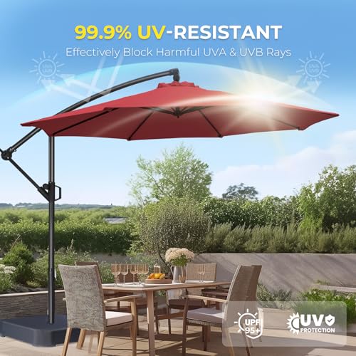 HOMSHADE 10ft Patio Umbrella with Base Included, Cantilever Umbrella UPF50+ UV Protection with Easy Tilt and Crank for Pool Deck and Garden(Red) - color: Red