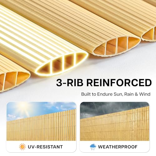 Paramondo PVC Privacy Fence Screen 14mm 3-Rib Reinforced Textured Fence Panel - No-Drill Balcony & Garden Cladding with Wind & UV Protection for Patio, Deck, Outdoor Privacy, 4×10 FT, Natural - color: Natural, size: 4×10 FT