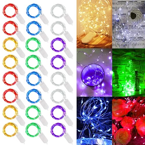 WATERGLIDE 24 Pack Fairy Lights Battery Operated (Included), 7 ft 20 LED Mini String Lights, Waterproof Silver Wire Firefly Starry Lights for DIY Wedding Christmas Party Mason Jars Decor, Multicolor - color: 6 Colors