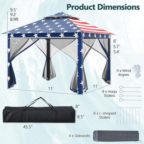 Goplus11 ft × 11 ft Pop up Gazebo, Portable Screen Canopy Shelter w/Mesh Netting Sidewalls, Vented Top, Drainage Holes, Heavy-Duty Height Adjustable Easy Setup Party Tent for Backyard - color: American Flag