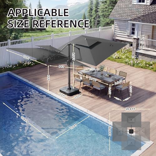 9 X 12 FT Cantilever Patio Umbrella with Led Lights and Base Included Heavy Duty Outdoor Double Top Large Rectangle Offset Umbrellas with 360-degree Rotation for Garden Pool Deck Backyard, Grey - color: Grey, size: 9' X 12'- Weighted Base Included(LED)