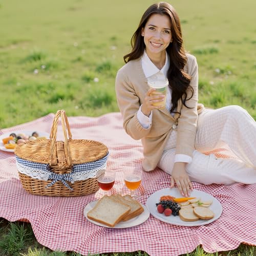 GRANNY SAYS Wicker Picnic Basket for 2 with Handles, Woven Cute Boo Basket with Washable Liner & Dual-Flip Lid, Vintage Large Picnic Baskets for Camping, Outdoor, Gift, Blue and White Checkered Liner - color: Blue