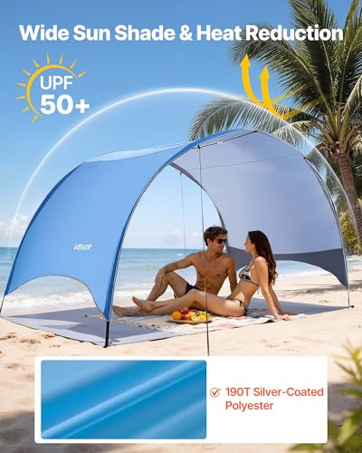 VEVOR Beach Tent Sun Shelter for 4 Person, UPF 50+, Portable Sun Shade Beach with Carrying Bag & Ground Stakes, Lightweight and Easy Setup Beach Umbrella for Camping Fishing Outdoor Picnic - size: 4 Person
