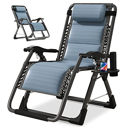 NAIZEA Padded Zero Gravity Chair, Cooling Fabric Folding Outdoor Lounge Chairs, Adjustable Reclining Camping Chairs with Cup Holder, Ergonomic Patio Lawn Chair for Balcony Beach Deck Yard - color: Ice Silk Blue, style: Zero Gravity Chair