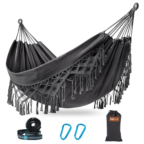 Lazy Daze Hammocks Double Brazilian Cotton Hammock, Extra Large Portable Outdoor Camping Hammock with Tree Straps & Travel Bag for Backyard Patio Poolside Indoor, 550lbs Capacity, Dark Gray - color: Dark Gray