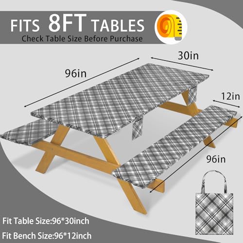 Fitted Waterproof Picnic Table Cover with Bench Covers Heavy Duty Elastic Outdoor Camping Tablecloth for 8 Foot Rectangle Tables Summer Rv Accessories Patio Garden Road Trip Essentials Gifts - color: Black and White Lines, size: 96" x 30" (Rectangular)