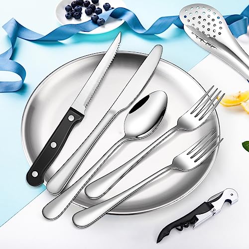 Camping Silverware Kit Cutlery Organizer Utensil Picnic Set Stainless Steel Plate Spoon Clip and Serrated Knife Wine Opener Fork Napkin Hiking - Camp Kitchen BBQ’s - color: Camping Silverware Set-13set