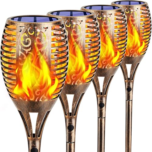 TomCare Solar Lights Outdoor 99 LED Higher & Larger Flickering Flame Solar Torch Lights 43" Decorative Waterproof Solar Powered Pathway Landscape Lighting for Garden Patio Yard, 4Pack (Bronze) - color: Bronze, size: Large - 4 Pack