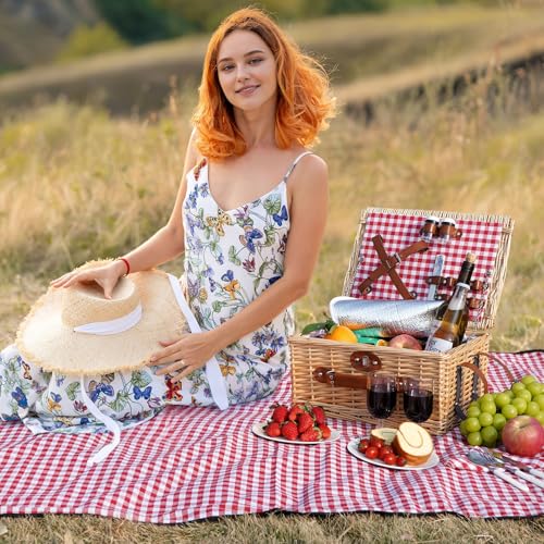 HappyPicnic Picnic Basket Set for 2 - Wicker Picnic Basket with Waterproof Blanket & Insulated Liner, Large Handmade Willow Hamper with Cutlery Kit for Outdoor, Picnic, Camping, Party, Holidays (Red) - color: Red Check
