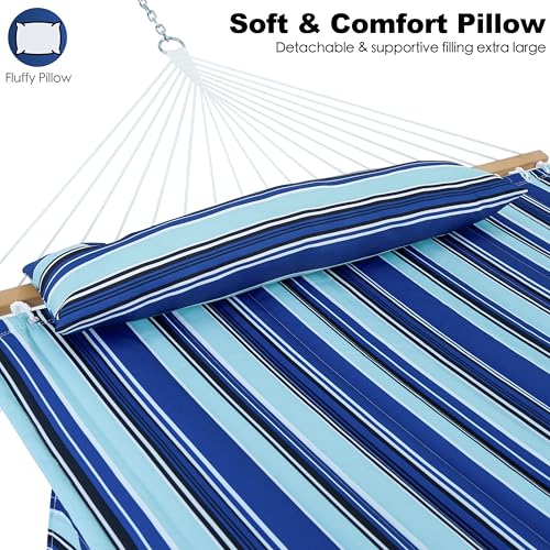 GAFETE Hammock 2 Person Quilted Fabric Hammocks for Outside, Double 12ft Hammocks with Spreader Bar, Large Removable Pillow, Storage Bag, Carabiners, Max 475 lbs Capacity (Catalina Beach) - color: Catalina Beach