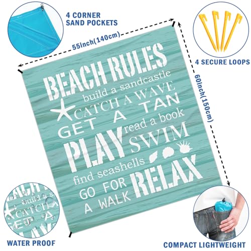 Beach Rules Pocket Picnic Blankets, Blue Seashell Coastal Mini Beach Camping Blanket Waterproof Sandproof, Rustic Sea RV Outdoor Picnic Blanket Mat Gifts for Camper Campsite Travel 55x60in - color: Rules