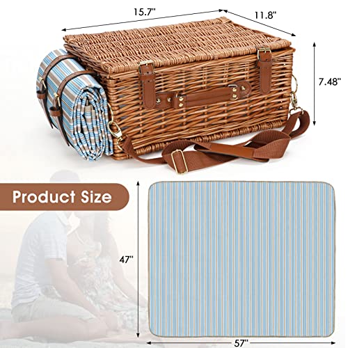 Picnic Cooler Basket Set for 2 Persons with Large Waterproof Picnic Blanket, Cutlery Service Kit and Adjustable Strap - color: Honey Color for 2 Persons With Strap