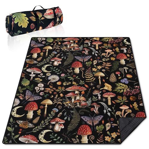 Supfitness Extra Large Picnic Blankets Waterproof Foldable (60"x 80") Mushroom Beach Blanket Waterproof Sandproof,3-Layer Thicking Mat Outdoor Packable Camping Blanket - color: Black-2, size: 5' x 6'8" (Rectangular)
