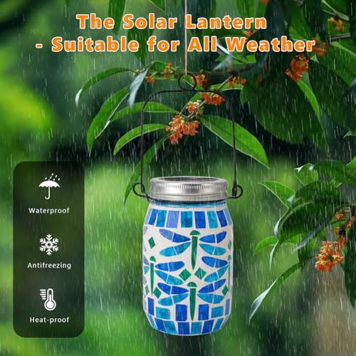 Starsoul 2 Pack Solar Hanging Lanterns Outdoor Waterproof, Mosaic Dragonfly Decor Glass Solar Outdoor Lights, Decorative Solar Lantern for Outside Pathway Patio Porch Yard Decor - color: Dragonfly-2PC