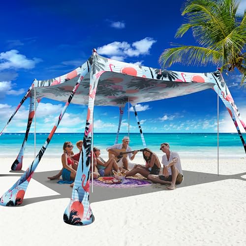 Beach Canopy Beach Tent Pop Up Shade 10x10ft Sun Shelter UPF50+ with 8 Sandbags-2 Sand Shovel-4 Aluminum Poles-Ground Pegs-Portable Carrying Bag for Outdoor Family Camping Fishing Yard Picnic - color: Flamingos