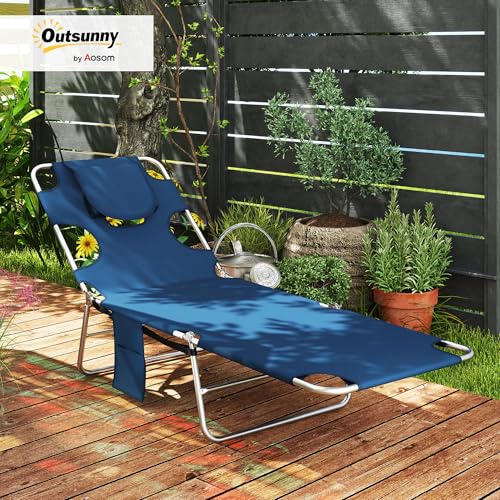 Outsunny Chaise Lounge Chair Outdoor with Face Arm Hole, 5-Position Reclining Face Down Tanning Chair with Carry Strap, Side Pocket, Portable Folding Bed Cot for Patio Beach Pool, Dark Blue - color: Dark Blue, size: 1 Piece