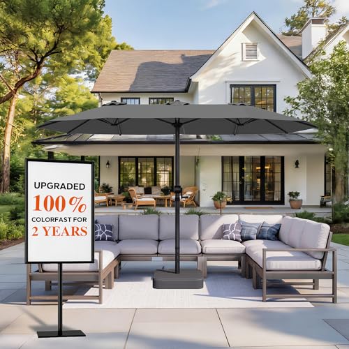 GDPFN 15FT Large Patio Umbrella with Base Included, Outdoor Deck Standing Umbrella with Crank Handle, Double-Side Rectangular Pool Umbrella for Outside, Market, Patio, Dark Gray - color: Dark Gray, size: With Base-no Led