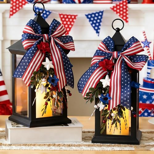 JOIONE Lanterns Decorative Indoor for 4th of July, 2 Pack 14" 250th Anniversary Patriotic Red White Blue Hanging Lantern with Timer, Battery Operated Waterproof Independence Day Outdoor Porch Decor - style: Patriotic Decorative Lantern