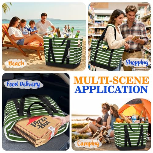 HUANLANG Soft Cooler Bag Insulated for Travel,Large Insulated Grocery Bags with Zippered Top,PEVA Collapsible Food Delivery Cooler Bag for Beach, Travel, Picnics - color: Army green and white stripes