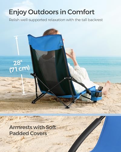 SONGMICS Set of 2 Portable Beach Chairs for Adults, Max. Load 330 lb Each, High Backrest, Cup Holder, Lightweight, Heavy-Duty, Blue UGCB067Q02V1 - color: Blue, style: 2 Pack