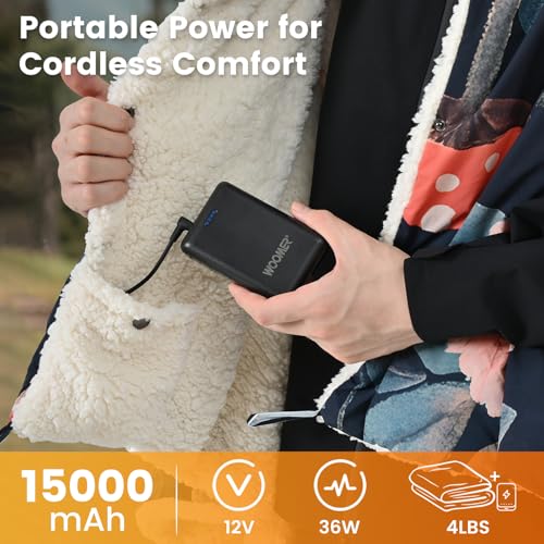 WOOMER Wearable Heated Blanket Battery Operated 50x70 Inches, 15000mAh Cordless Rechargeable Electric Throw Blanket with 3 Heat Settings, Waterproof Portable Heating Blanket for Outdoor Camping Travel