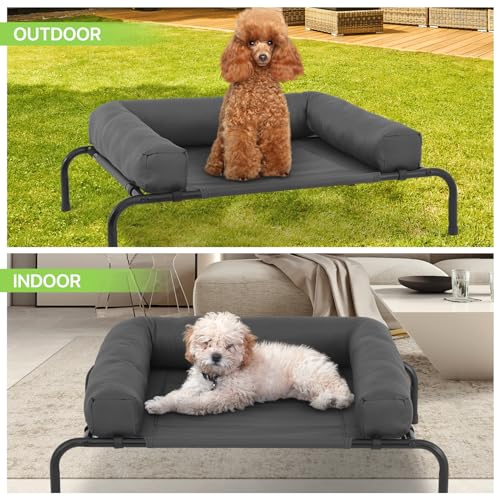 Magshion Cooling Elevated Dog Bed w/Removable Bolster, Portable Raised Outdoor Indoor Dog Cots Chew Proof Pet Hammock with Breathable Mesh for Small Dogs up to 50 lbs, Dark Gray